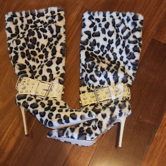 Leopard Print High Heel Boots with Gold Accents - Picture 1 of 4